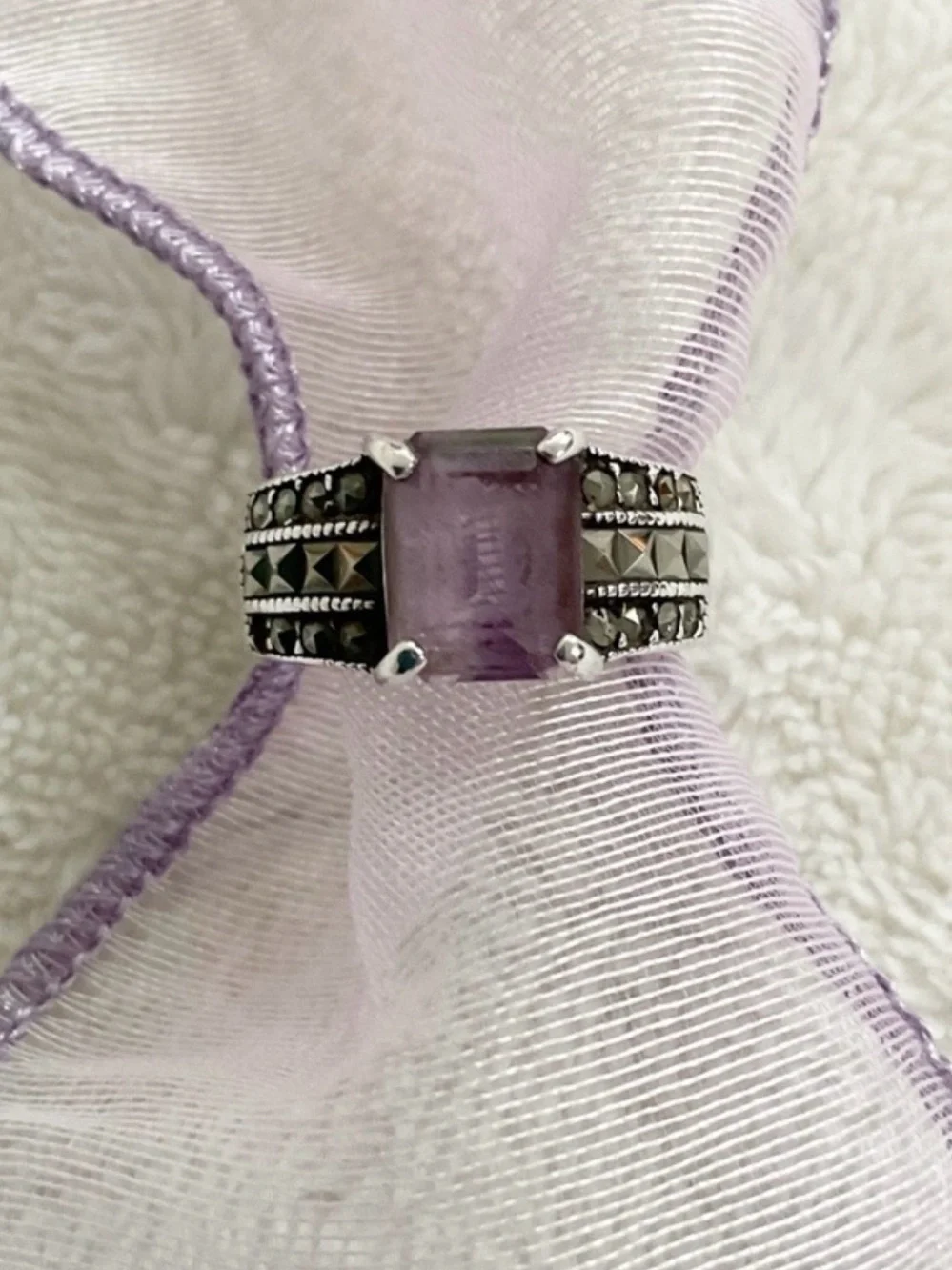 Vintage 925 Sterling Silver Amethyst Marcasite Ring Size 6 Art Deco Style